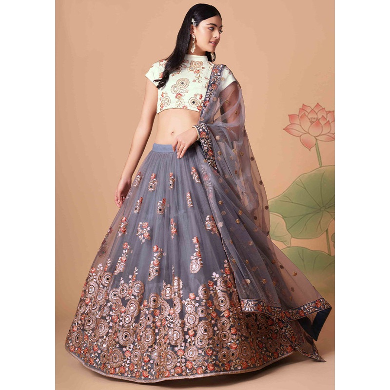 Grey Semi Stitched Net Embroidered Lehenga Choli Set With Dupatta - JD986596420