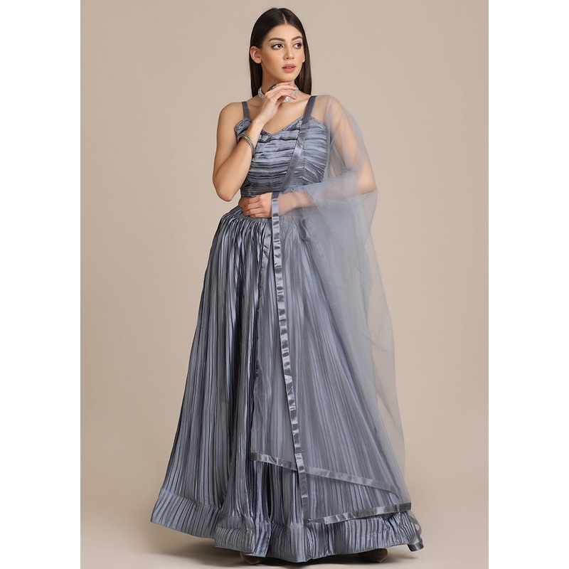Grey Semi Stitched Silk Lehenga Choli Set - JD986596445