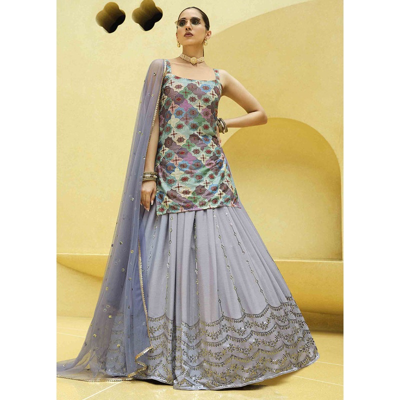 Lavender Semi Stitched Blended Silk Lehenga Choli Set With Dupatta - JD986596466