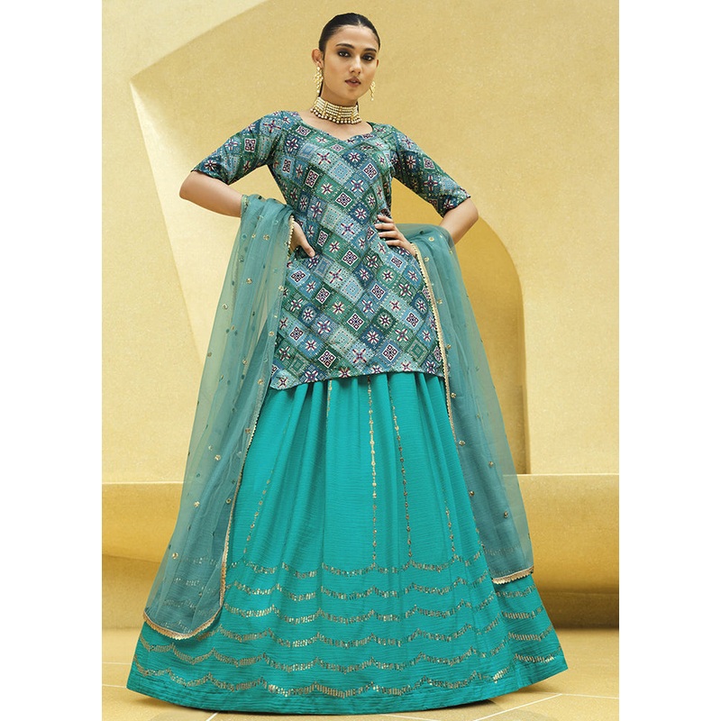Light Blue Semi Stitched Blended Silk Lehenga Choli Set With Dupatta - JD986596462