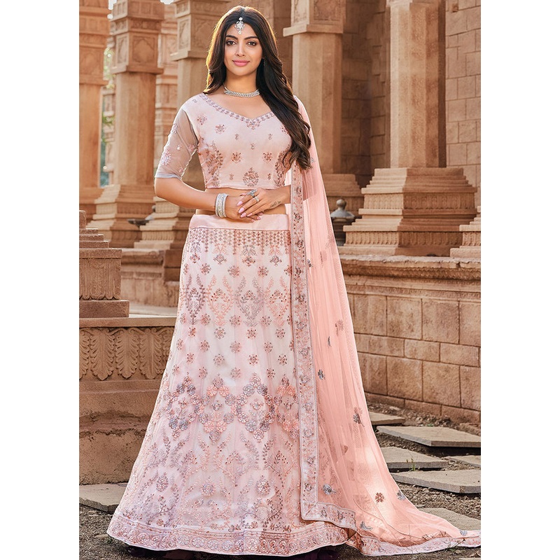 Light Peach Semi Stitched Net Lehenga Choli Set With Dupatta - JD986596288