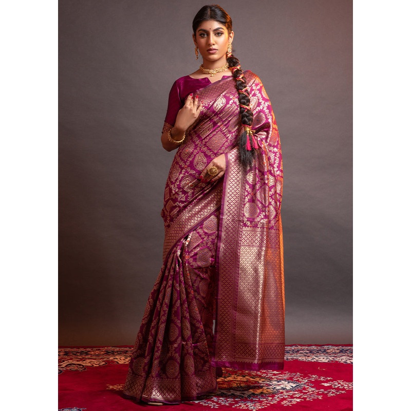 Magenta Spun Silk Saree With Blouse Piece - JD986596305