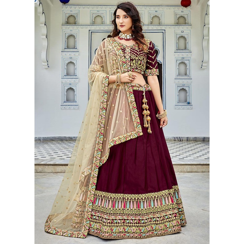 Maroon Semi Stitched Ferrari Silk Lehenga Choli Set With Dupatta - JD986596358