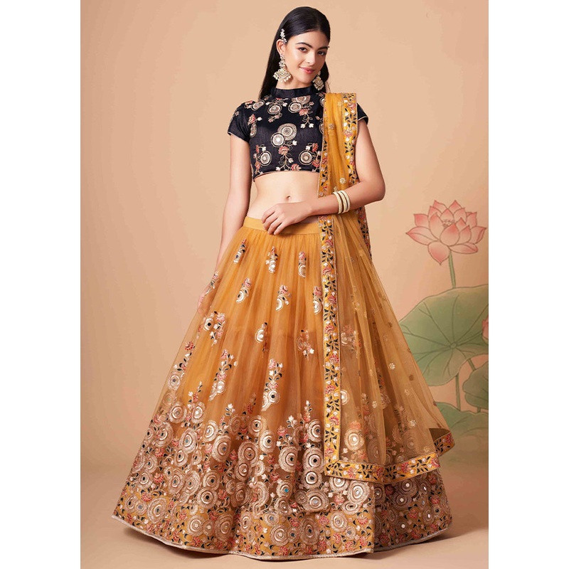 Mustard Semi Stitched Net Embroidered Lehenga Choli Set With Dupatta - JD986596414