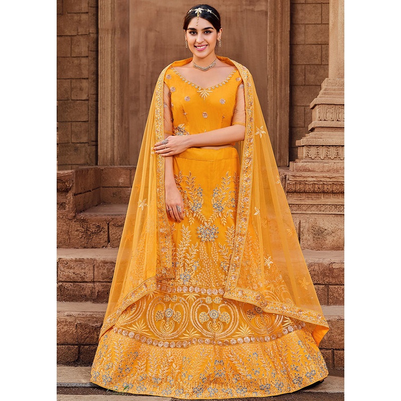 Mustard Semi Stitched Net Lehenga Choli Set With Dupatta - JD986596291