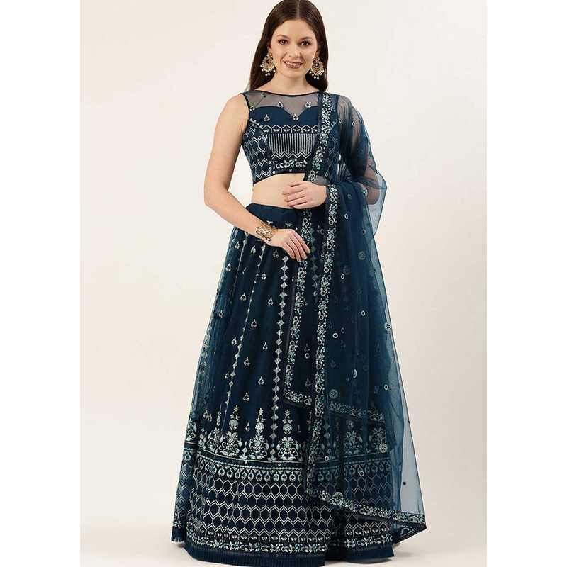 Navy Blue Net Embroidered Semi Stitched Lehenga With Dupatta - JD986596384