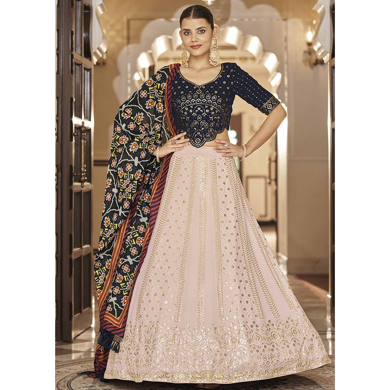 Navy Blue Semi Stitched Blended Georgette Lehenga Choli Set With Dupatta - JD986596283