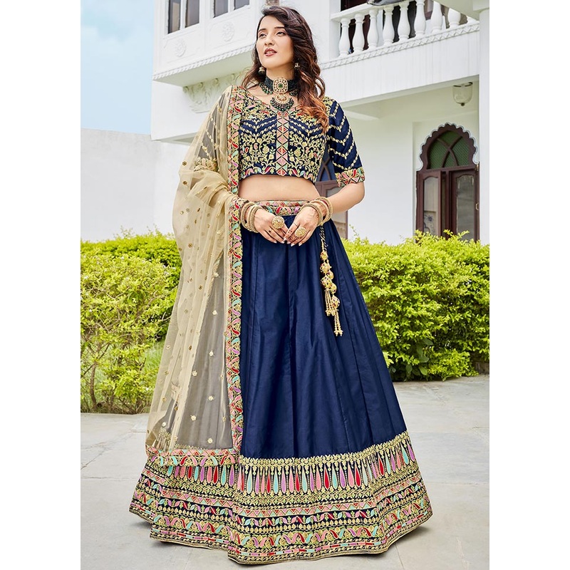 Navy Blue Semi Stitched Ferrari Silk Lehenga Choli Set With Dupatta - JD986596356