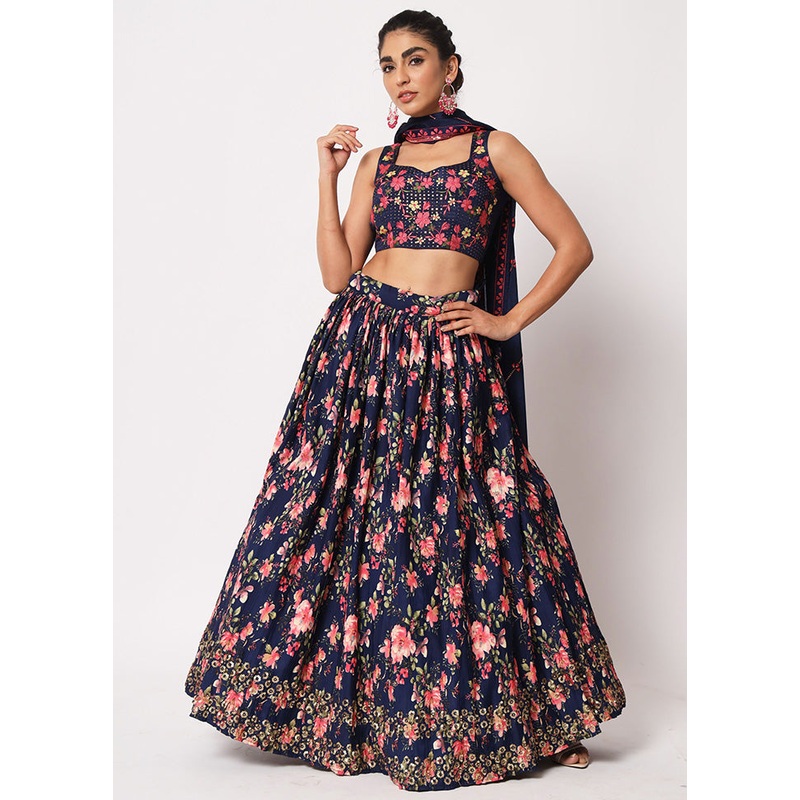 Navy Blue Semi Stitched Silk Embroidered Lehenga Choli Set With Dupatta - JD986596424