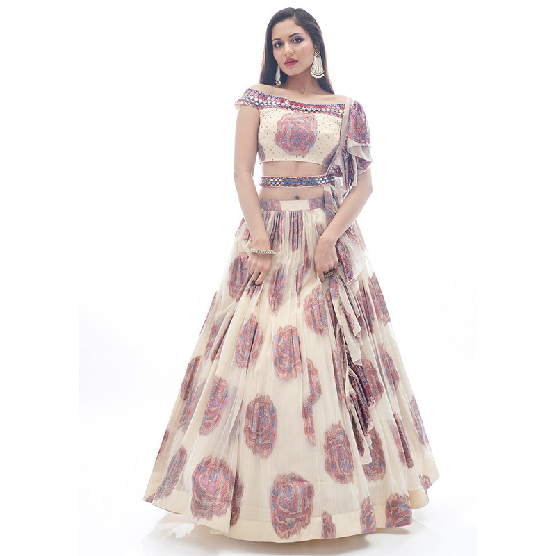 Off White Semi Stitched Embroidered Lehenga Choli Set With Dupatta - JD986596225