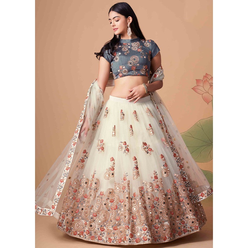 Off White Semi Stitched Net Embroidered Lehenga Choli Set With Dupatta - JD986596418