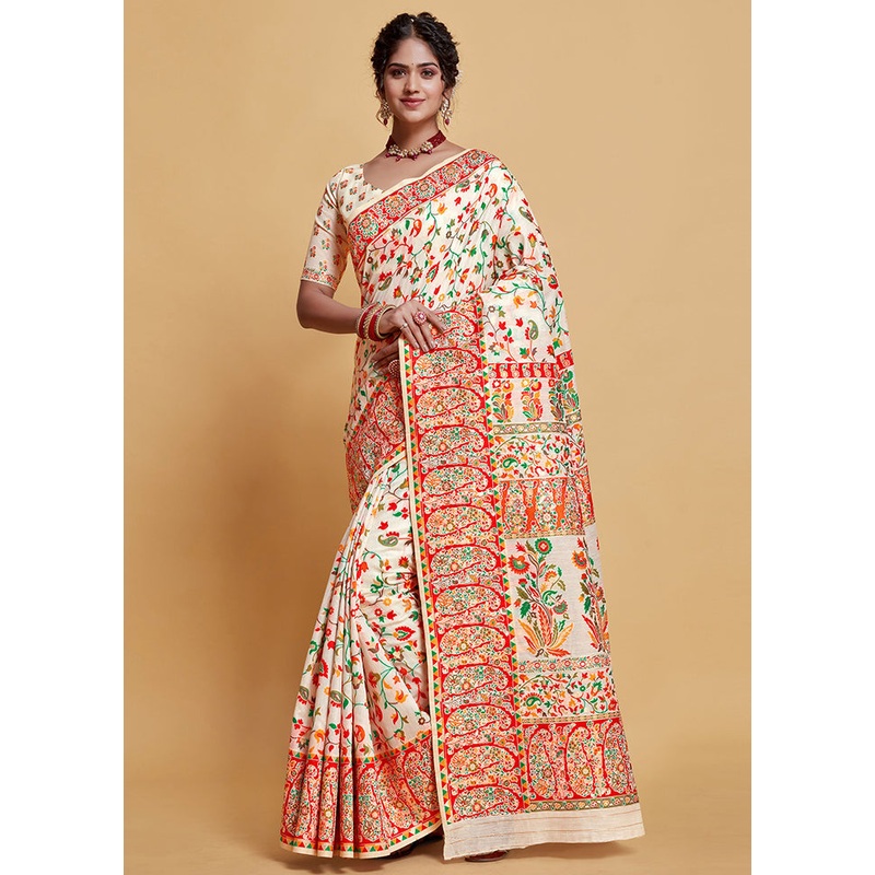 Off White Zari Woven Spun Silk Saree With Blouse Piece - JD986596456