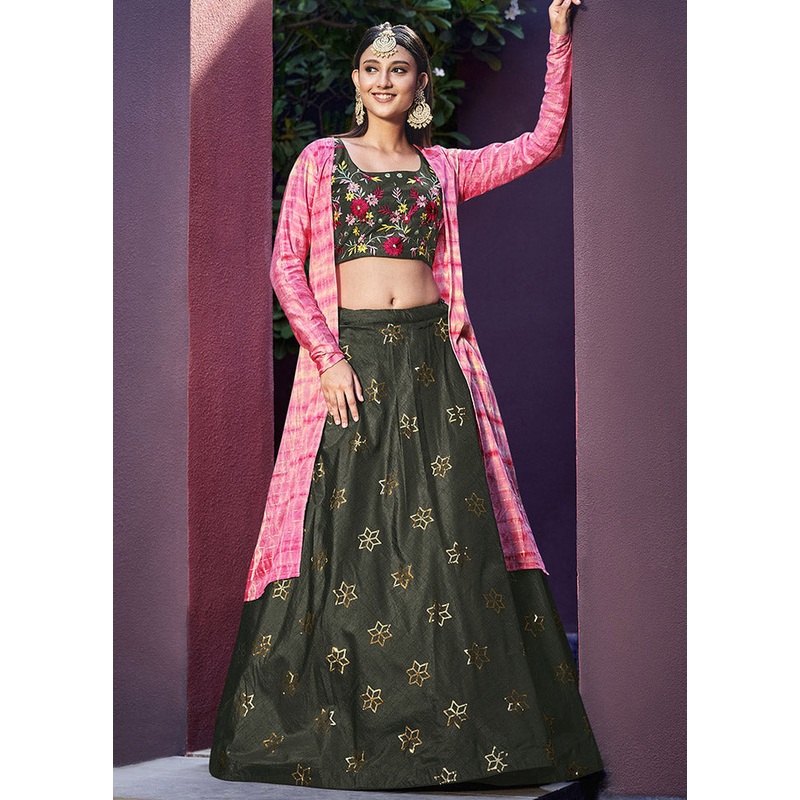 Olive Green Semi Stitched Embroidered Lehenga Choli Set With Dupatta - JD986596404