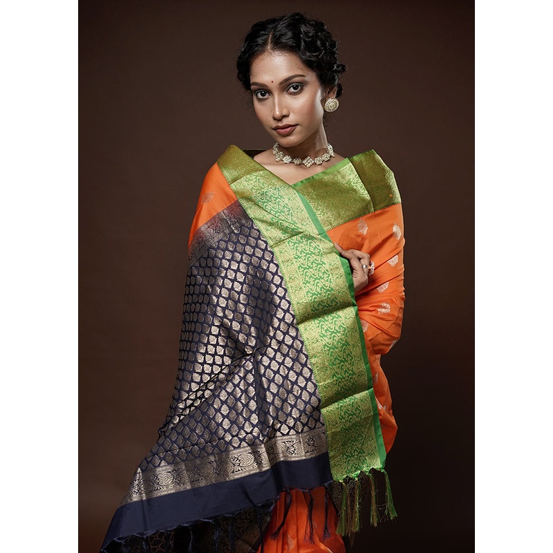 Orange Kanjivaram Silk Saree With Blouse Piece - JD986596234
