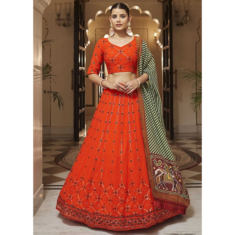 Orange Semi Stitched Blended Georgette Lehenga Choli Set With Dupatta - JD986596285