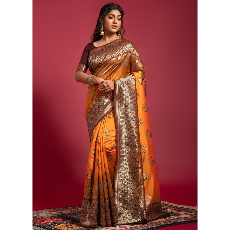 Orange Spun Silk Saree With Blouse Piece - JD986596439
