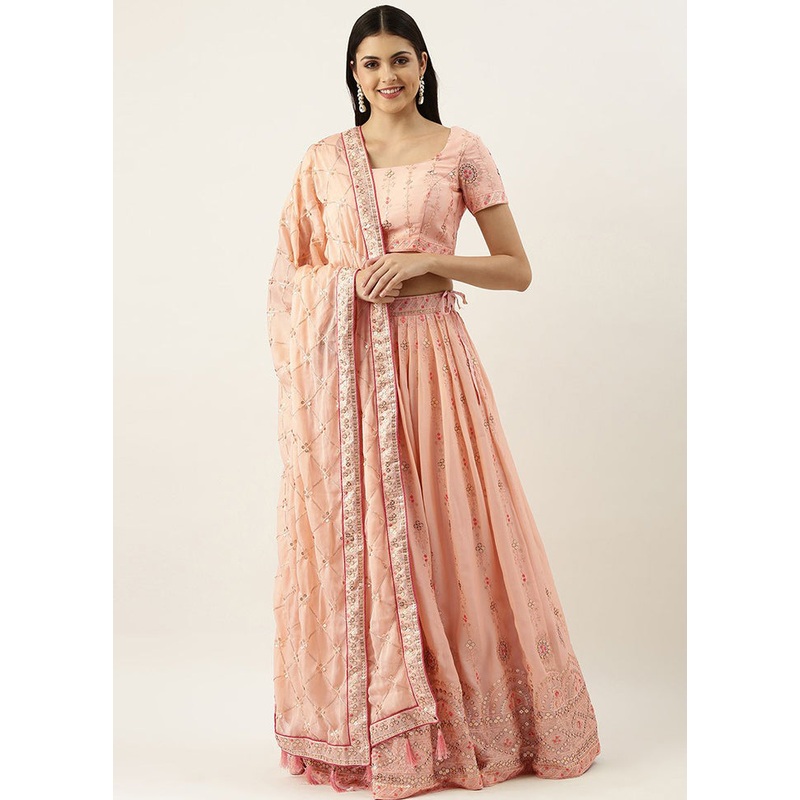 Peach Georgette Embroidered Semi Stitched Lehenga With Dupatta - JD986596385