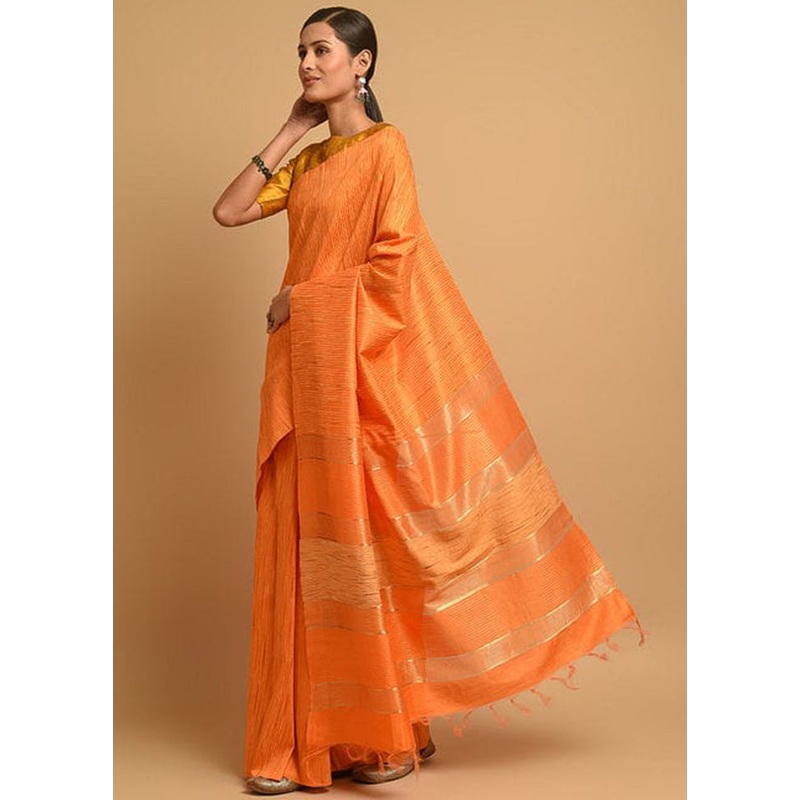 Peach Ghicha Tussar Silk Saree With Blouse Piece - JD986596174