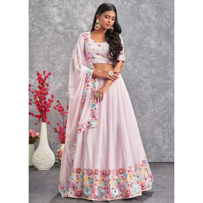 Pink Semi Stitched Blended Georgette Lehenga Choli Set With Dupatta - JD986596277