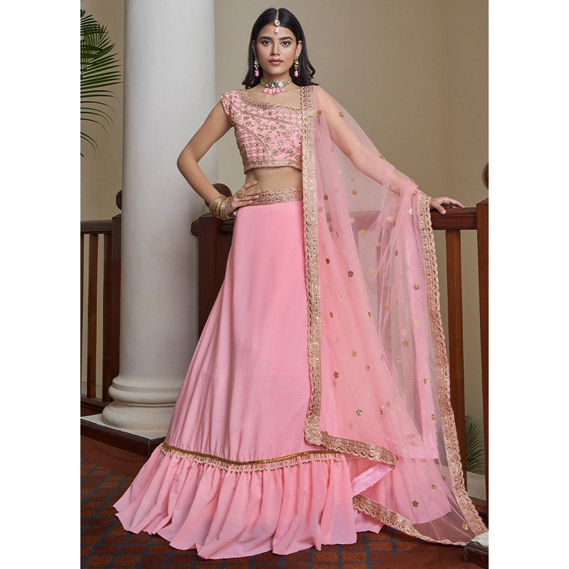 Pink Semi Stitched Embroidered Lehenga Choli Set With Dupatta - JD986596397