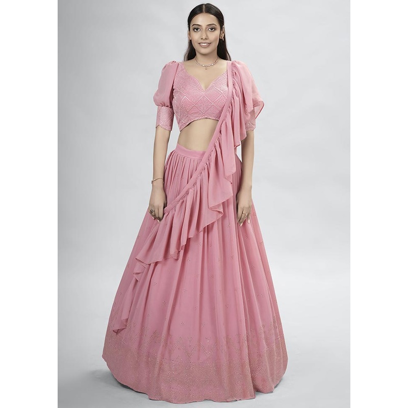 Pink Semi Stitched Georgette Lehenga Choli Set With Dupatta - JD986596351