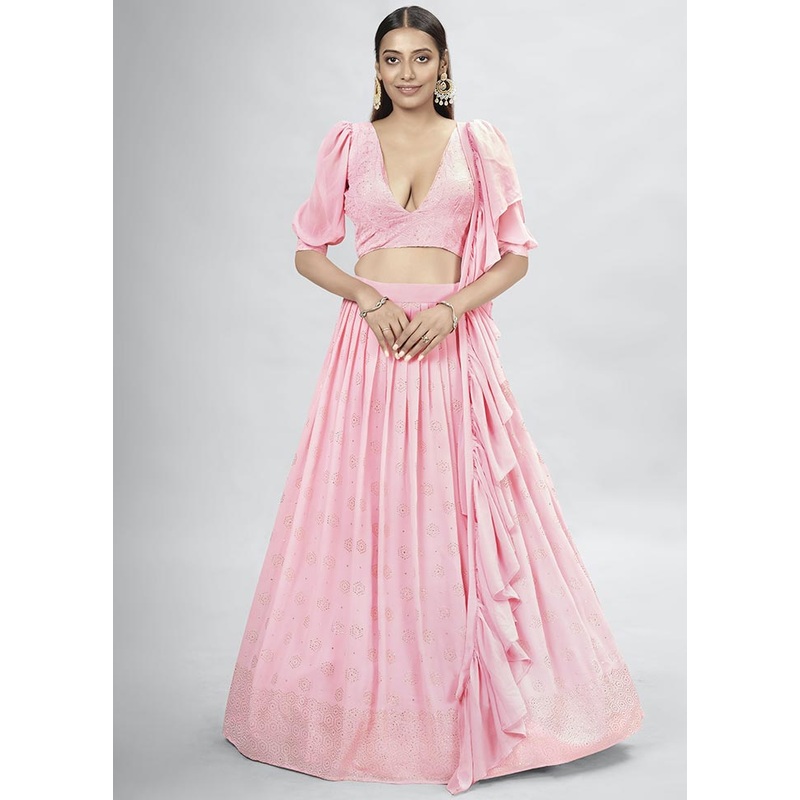Pink Semi Stitched Georgette Lehenga Choli Set With Dupatta - JD986596355