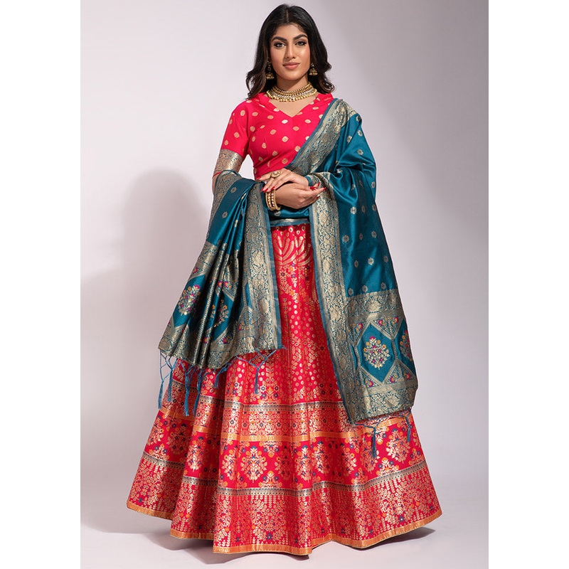 Pink Semi Stitched Lehenga Choli Set With Dupatta - JD986596393