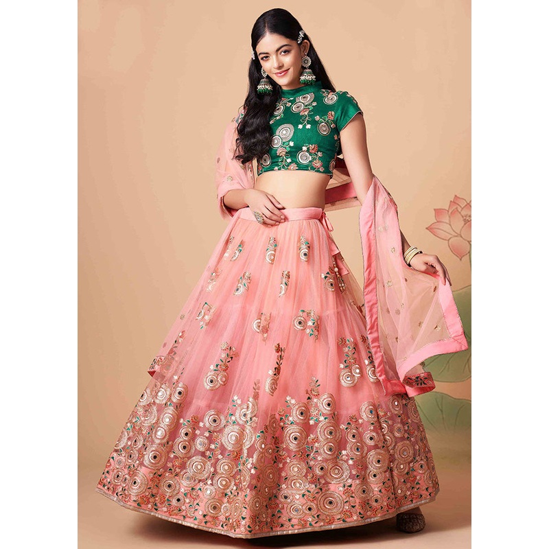 Pink Semi Stitched Net Embroidered Lehenga Choli Set With Dupatta - JD986596412