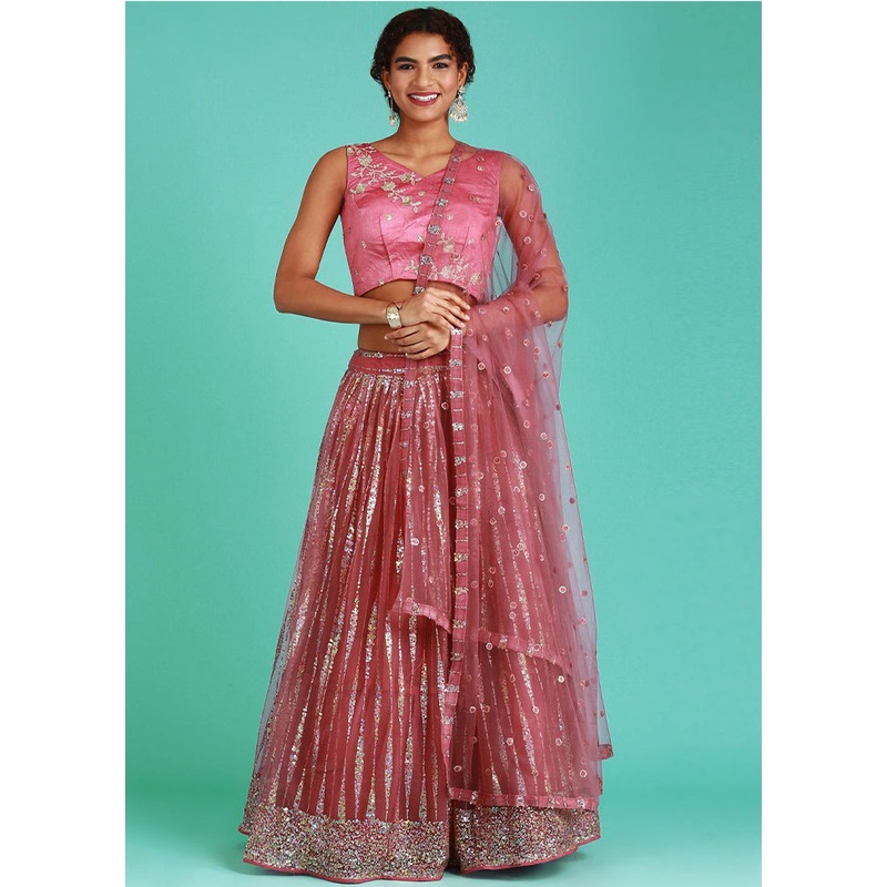 Pink Semi Stitched Net Lehenga Choli Set With Dupatta - JD986596290