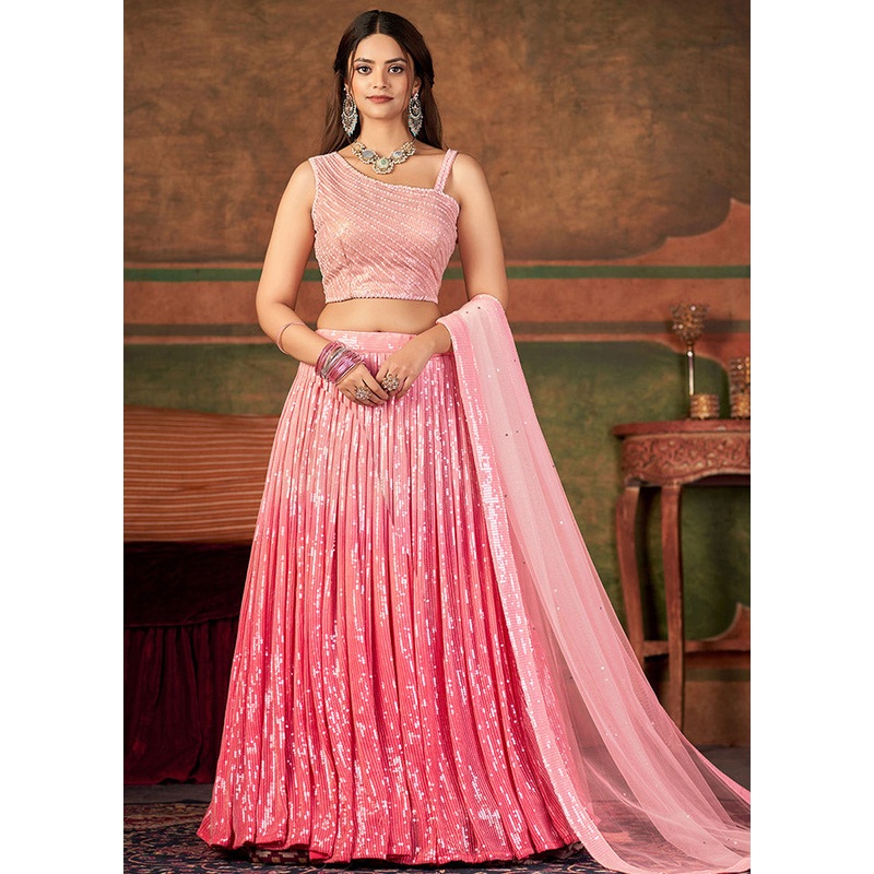 Pink Semi Stitched Net Lehenga Choli Set With Dupatta - JD986596405
