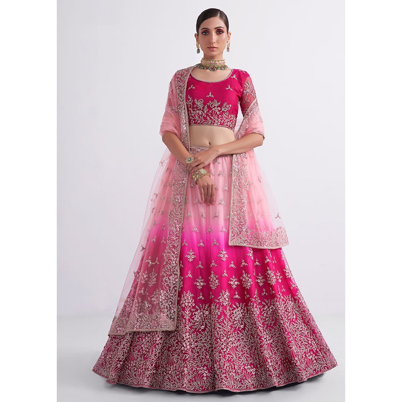 Pink Semi Stitched Net Lehenga Choli Set With Dupatta - JD986596468