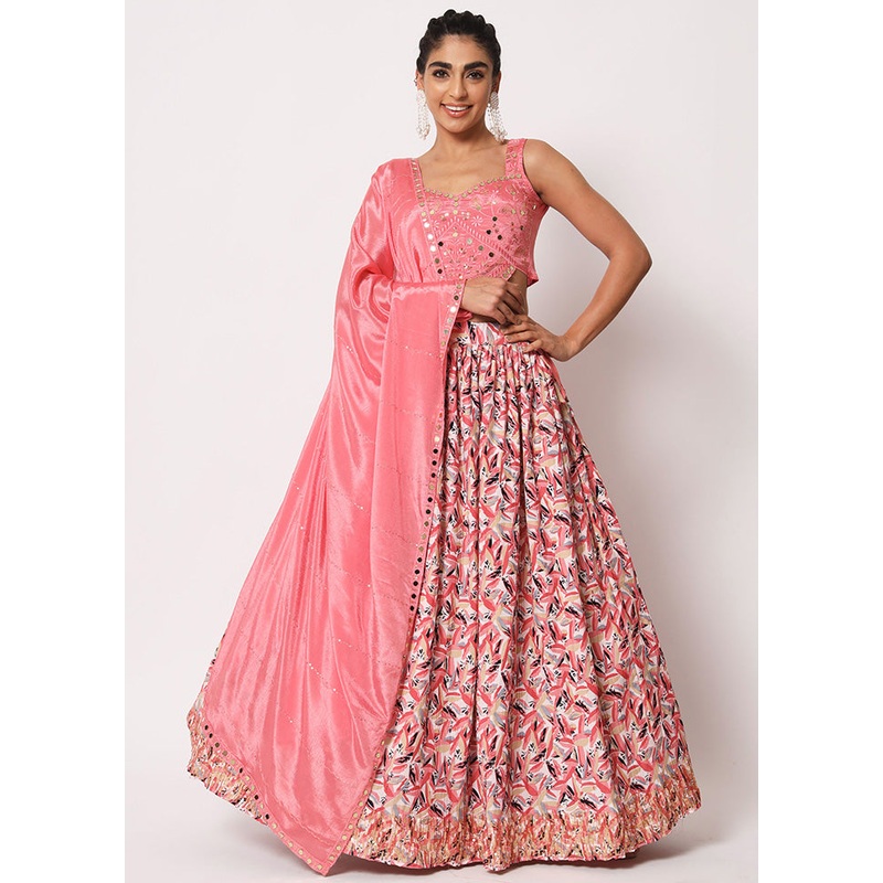 Pink Semi Stitched Silk Embroidered Lehenga Choli Set With Dupatta - JD986596430