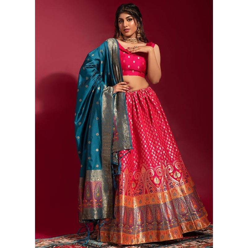 Pink Semi Stitched Silk Lehenga Choli Set With Dupatta - JD986596383