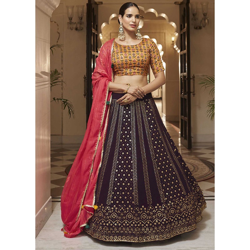 Purple Semi Stitched Blended Georgette Lehenga Choli Set With Dupatta - JD986596284
