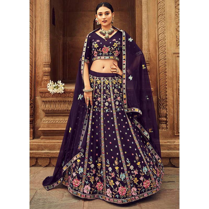 Purple Semi Stitched Lehenga Choli Set With Dupatta - JD986596200