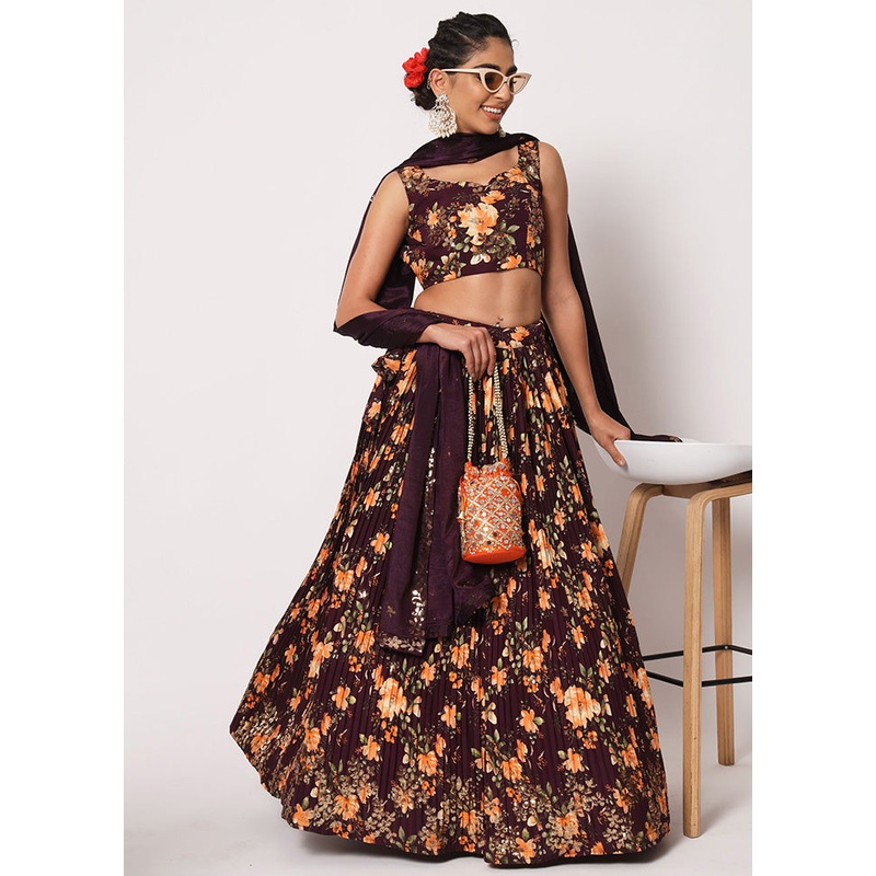 Purple Semi Stitched Silk Embroidered Lehenga Choli Set With Dupatta - JD986596428