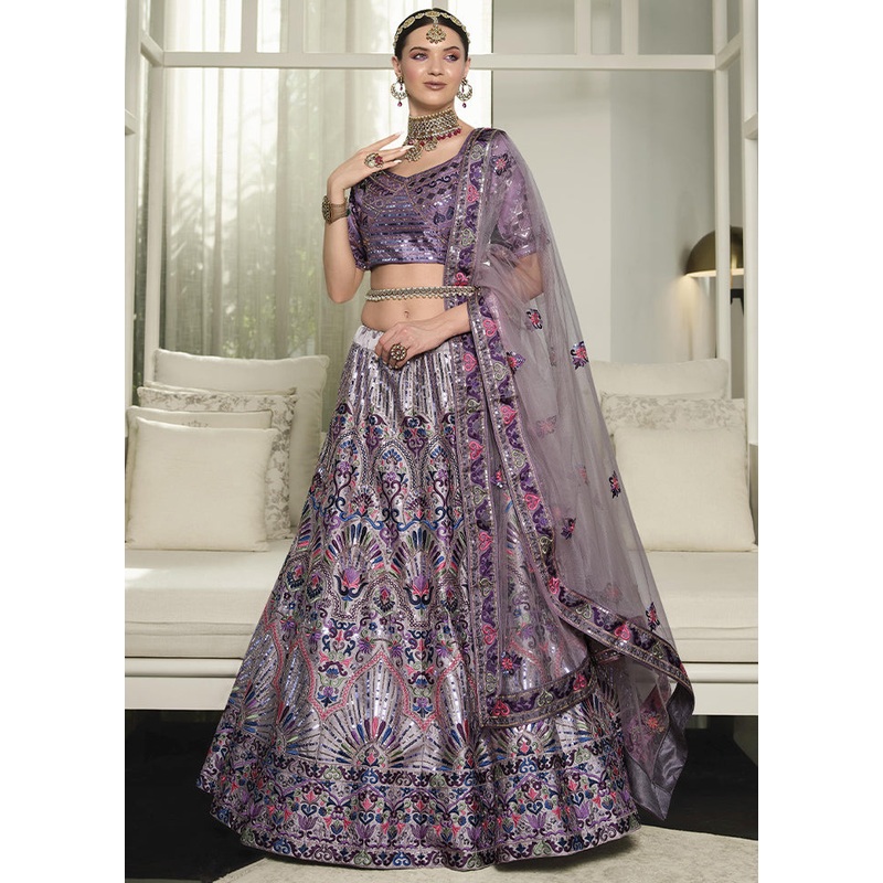 Purple Semi Stitched Silk Sequence Embroidered Lehenga Choli - JD986596218