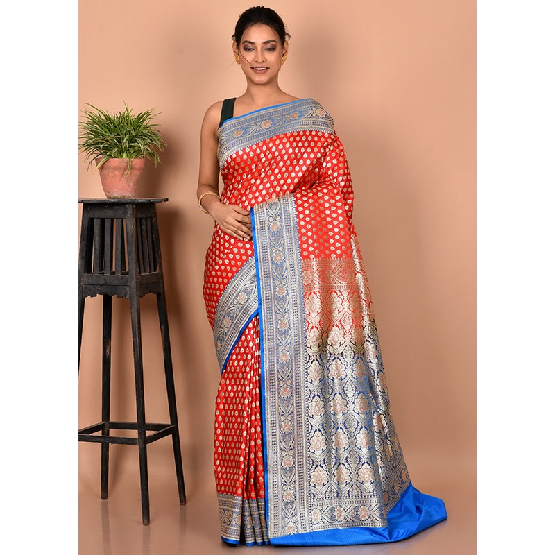 Red Banarasi Silk Saree With Blouse Piece - JD986596163