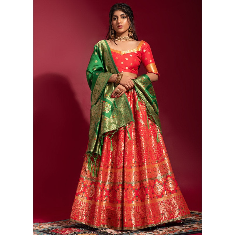 Red Semi Stitched Lehenga Choli Set With Dupatta - JD986596391