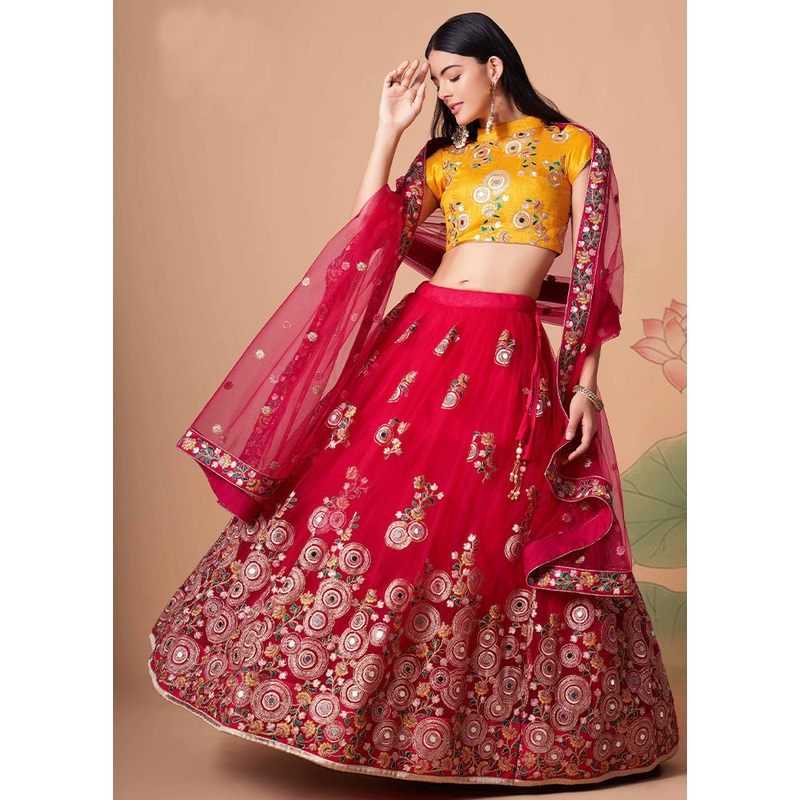 Red Semi Stitched Net Embroidered Lehenga Choli Set With Dupatta - JD986596419