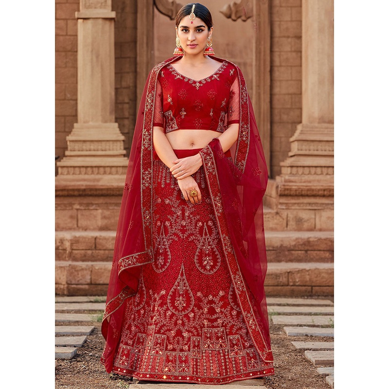 Red Semi Stitched Net Lehenga Choli Set With Dupatta - JD986596287