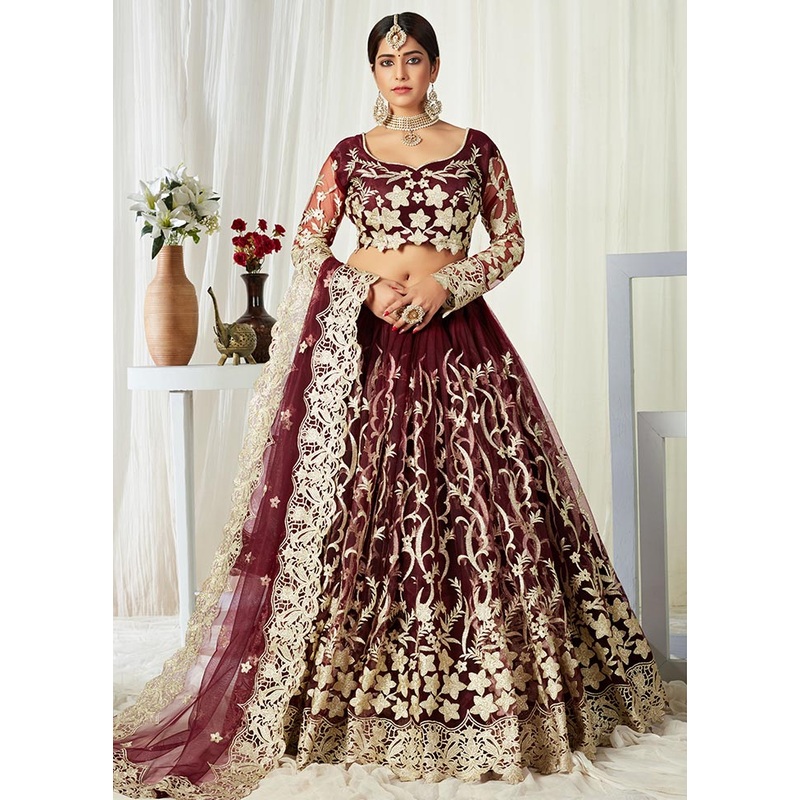 Red Semi Stitched Net Lehenga Choli Set With Dupatta - JD986596348