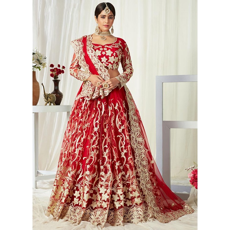 Red Semi Stitched Net Lehenga Choli Set With Dupatta - JD986596350