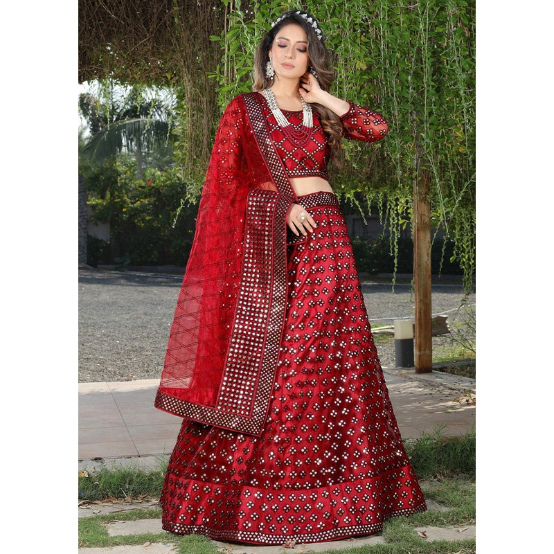 Red Semi Stitched Net Lehenga Choli Set With Dupatta - JD986596411