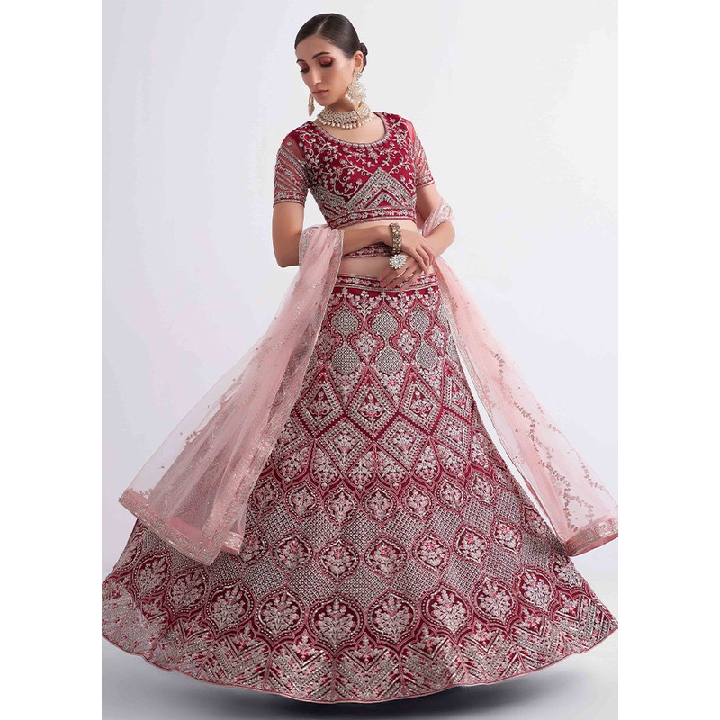 Red Semi Stitched Net Lehenga Choli Set With Dupatta - JD986596469