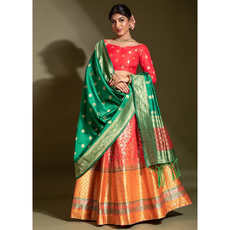 Red Semi Stitched Silk Lehenga Choli Set With Dupatta - JD986596300