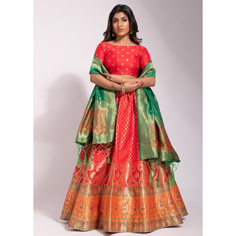 Red Semi Stitched Silk Lehenga Choli Set With Dupatta - JD986596382