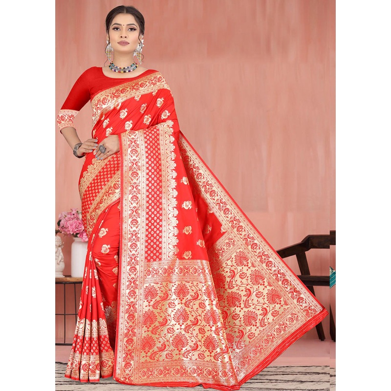 Red Spun Silk Saree With Blouse Piece - JD986596432