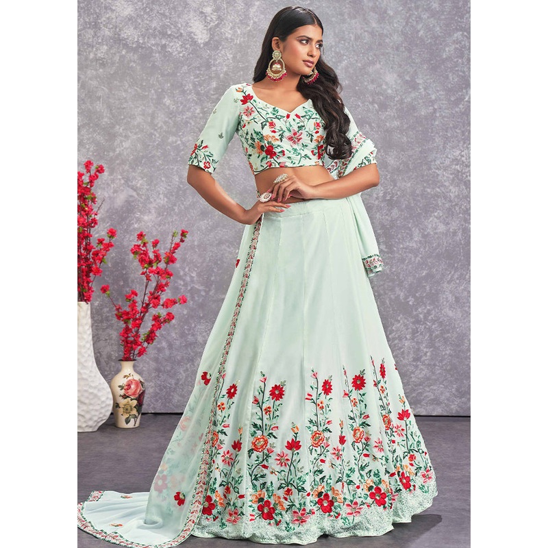 Sea Green Semi Stitched Blended Georgette Lehenga Choli Set With Dupatta - JD986596278