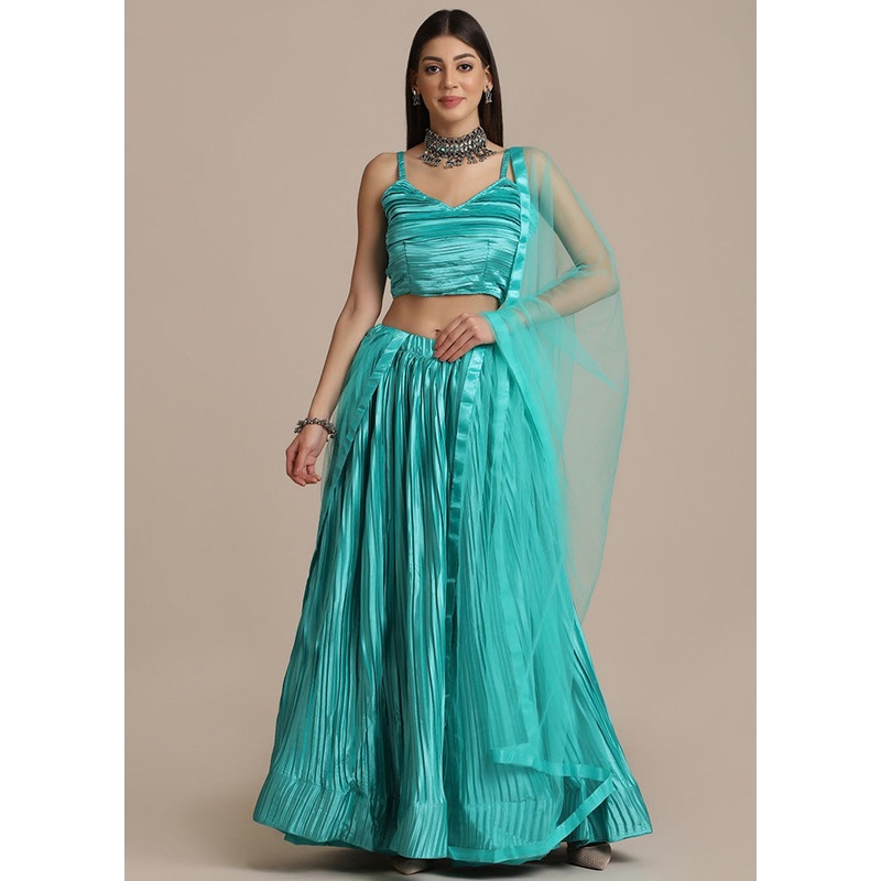 Sea Green Semi Stitched Silk Lehenga Choli Set - JD986596444